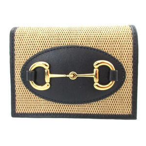 Gucci Horsebit Compact Wallet Canvas Leather Beige Navy Blue Bi fold